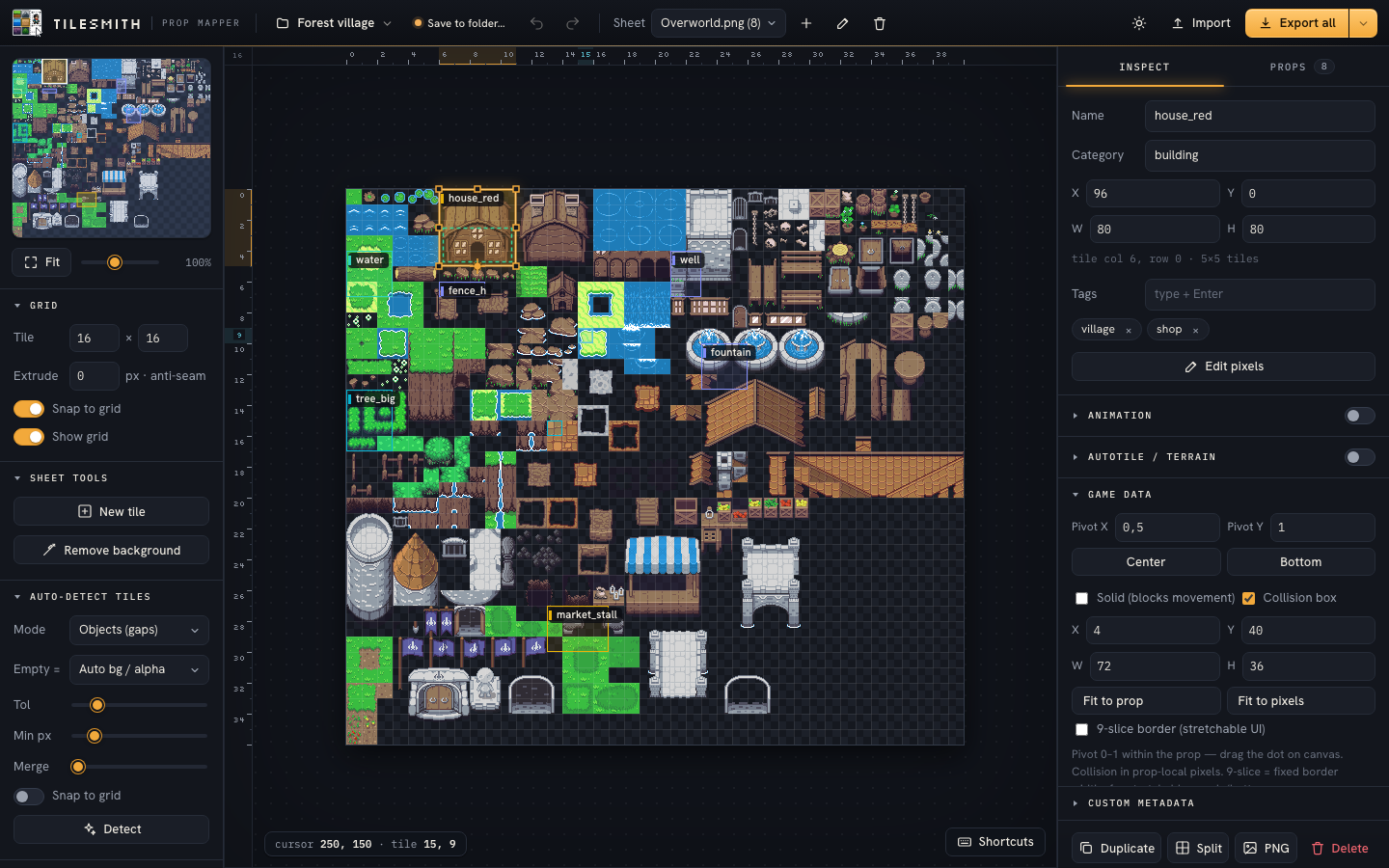 The Tilesmith workspace: toolbar along the top, navigator on the left, the sheet with tile rulers in the middle, and the inspector on the right.